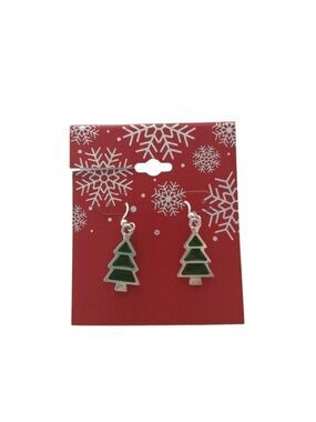 Christmas Tree Earrings Green Silver Tone